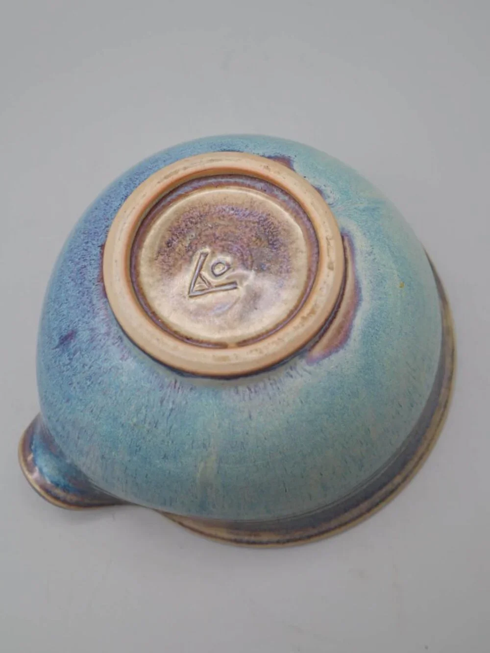 Small Studio Art Pottery Mixing Batter Bowl w/ Spout Blue Drip Glaze Signed AD